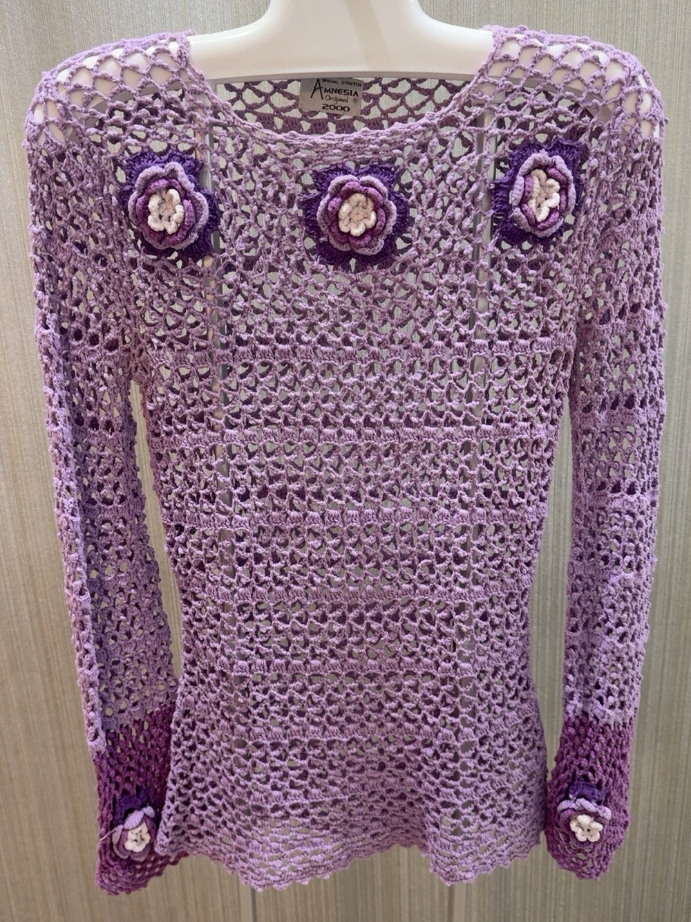 Amnesia Original 2000 Hand Knit Crochet Floral Top 100% Cotton